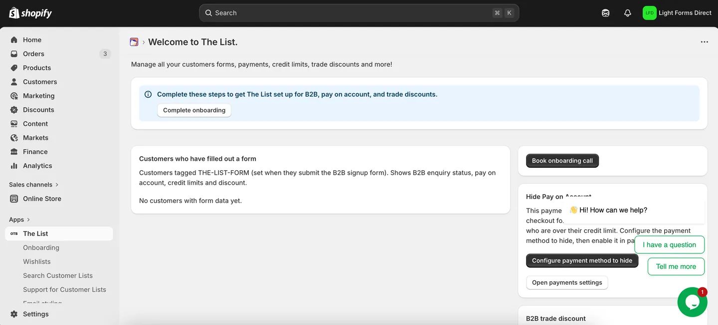 Screenshot of The List B2B commerce app dashboard